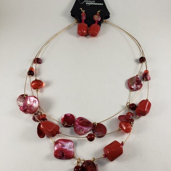 Multi-Strand Gold, Red Seashell Beads Illusion 20" Necklace - Matching Earrings - Picture 10 of 12